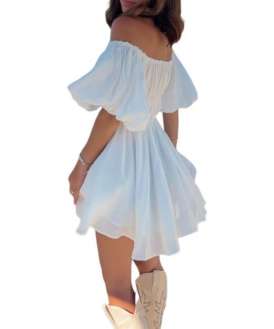 Women's Off Shoulder Short White Dress Puff Sleeve Pirate Dress Ruffle A-Line Flowy Mini Dress Party Clubwear H-white $11.76 ...