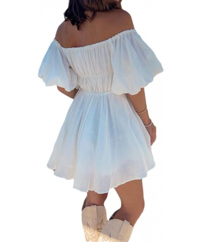 Women's Off Shoulder Short White Dress Puff Sleeve Pirate Dress Ruffle A-Line Flowy Mini Dress Party Clubwear H-white $11.76 ...