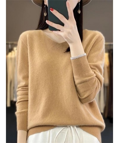 Women 100% Merino Wool V-Neck Sweater Autumn Winter Casual Cashmere Knitwear Solid Bottoming Shirt Khaki2 $24.29 Sweaters