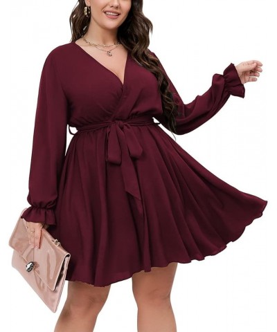 Women's Plus Size Long Sleeve Wrap V Neck Tie Waist A Line Mini Short Dress Burgundy $21.55 Dresses