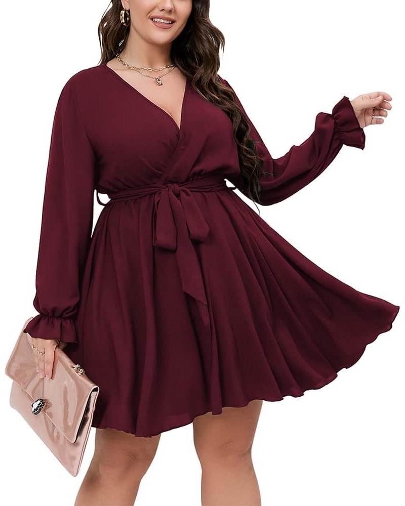 Women's Plus Size Long Sleeve Wrap V Neck Tie Waist A Line Mini Short Dress Burgundy $21.55 Dresses