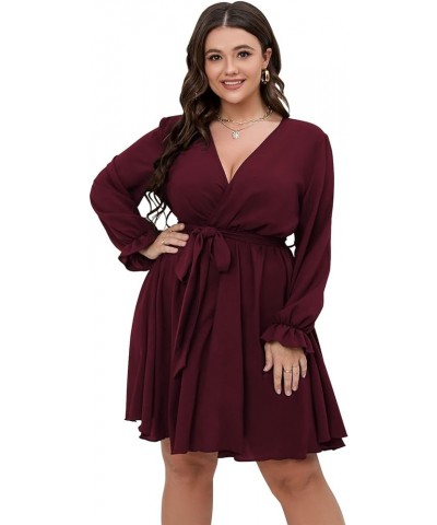 Women's Plus Size Long Sleeve Wrap V Neck Tie Waist A Line Mini Short Dress Burgundy $21.55 Dresses