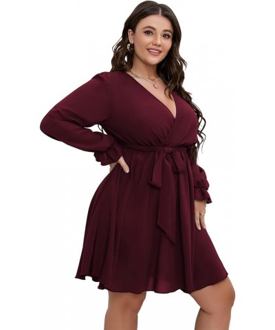 Women's Plus Size Long Sleeve Wrap V Neck Tie Waist A Line Mini Short Dress Burgundy $21.55 Dresses