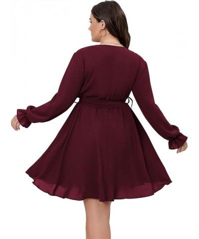 Women's Plus Size Long Sleeve Wrap V Neck Tie Waist A Line Mini Short Dress Burgundy $21.55 Dresses