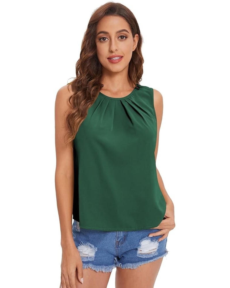 Women Sleeveless Work Blouses Casual Loose Fit Tank Tops 2024 Trendy Pleated Tee Shirts Evergreen $14.30 Tanks