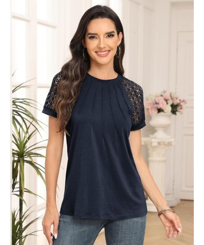 Womens Tshirts Trendy Fashion Tops Lace Short Sleeve Business Tee Shirts Casual Knitted Blouses Summer Outfits 2024 Navy $9.9...