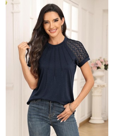 Womens Tshirts Trendy Fashion Tops Lace Short Sleeve Business Tee Shirts Casual Knitted Blouses Summer Outfits 2024 Navy $9.9...