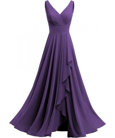 Double V Neck Bridesmaid Dress Long 2024 Flowy Chiffon Wedding Guest Dresses with Pockets SYYS411 Purple $26.95 Dresses