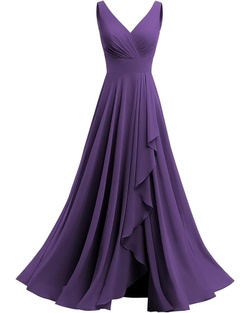 Double V Neck Bridesmaid Dress Long 2024 Flowy Chiffon Wedding Guest Dresses with Pockets SYYS411 Purple $26.95 Dresses