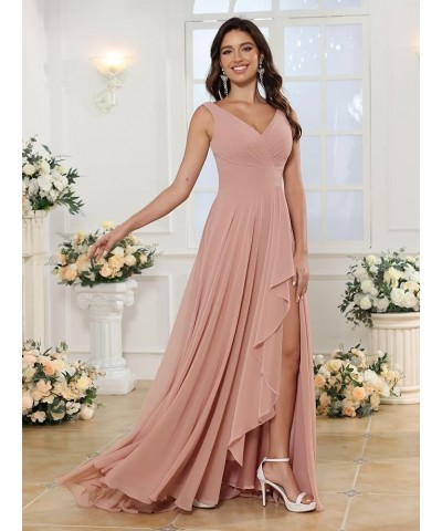 Double V Neck Bridesmaid Dress Long 2024 Flowy Chiffon Wedding Guest Dresses with Pockets SYYS411 Purple $26.95 Dresses