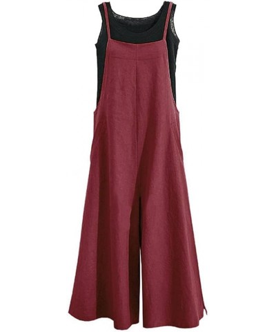 Women Casual Loose Long Bib Pants Wide Leg Jumpsuits Baggy Cotton Rompers Overalls with Pockets PZZ A-wine-split Wide Leg $19...