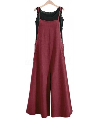 Women Casual Loose Long Bib Pants Wide Leg Jumpsuits Baggy Cotton Rompers Overalls with Pockets PZZ A-wine-split Wide Leg $19...