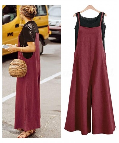 Women Casual Loose Long Bib Pants Wide Leg Jumpsuits Baggy Cotton Rompers Overalls with Pockets PZZ A-wine-split Wide Leg $19...