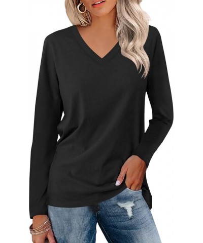 Women's V Neck Long Sleeve T Shirts Casual Color Block/Solid Tunic Tops Basic Tees B Black $13.63 Tops