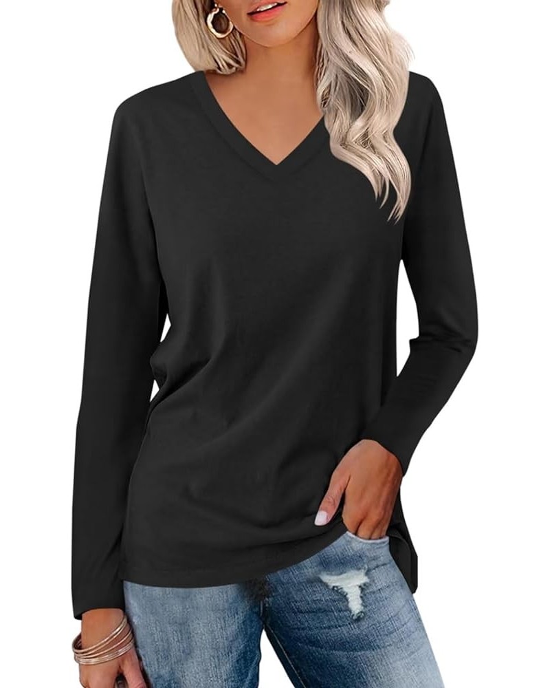 Women's V Neck Long Sleeve T Shirts Casual Color Block/Solid Tunic Tops Basic Tees B Black $13.63 Tops