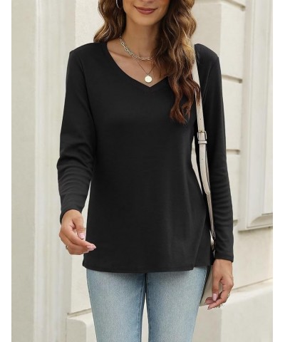 Women's V Neck Long Sleeve T Shirts Casual Color Block/Solid Tunic Tops Basic Tees B Black $13.63 Tops