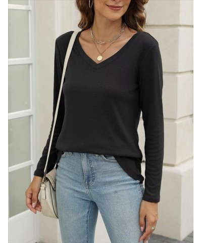 Women's V Neck Long Sleeve T Shirts Casual Color Block/Solid Tunic Tops Basic Tees B Black $13.63 Tops