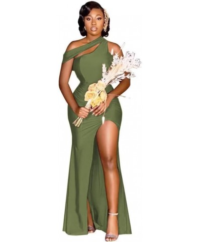 Mermaid Bridesmaid Dress for Women Long One Shoulder Satin Formal Prom Evening Party Gown Long Slit ZS24 Olive $44.27 Dresses