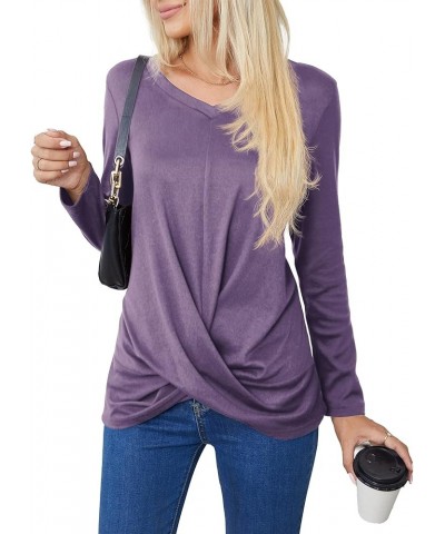 Women's Long Sleeve Tops 2024 Fall Winter Fashion Tunics Casual Front Twist T-Shirt V Neck Tunics Tops Purple $12.59 Tops