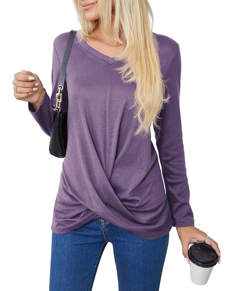 Women's Long Sleeve Tops 2024 Fall Winter Fashion Tunics Casual Front Twist T-Shirt V Neck Tunics Tops Purple $12.59 Tops