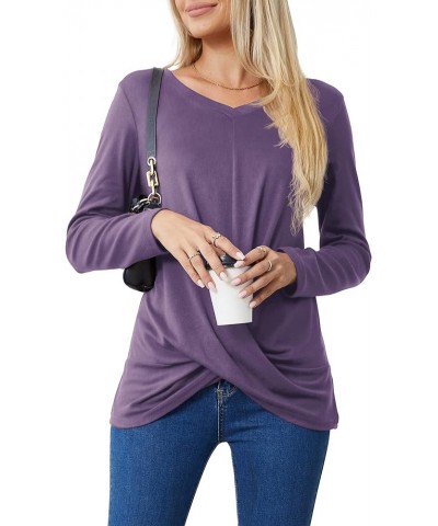 Women's Long Sleeve Tops 2024 Fall Winter Fashion Tunics Casual Front Twist T-Shirt V Neck Tunics Tops Purple $12.59 Tops