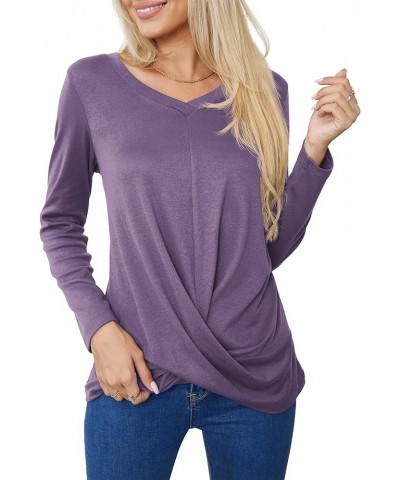 Women's Long Sleeve Tops 2024 Fall Winter Fashion Tunics Casual Front Twist T-Shirt V Neck Tunics Tops Purple $12.59 Tops