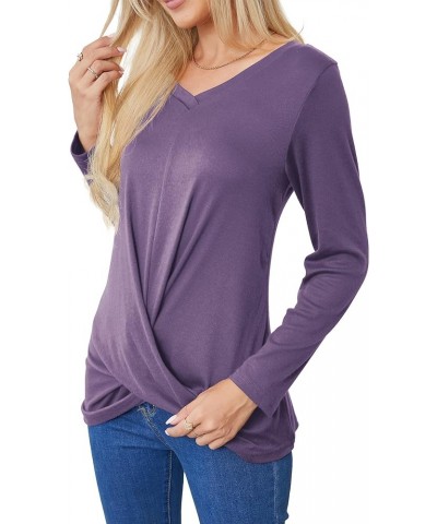 Women's Long Sleeve Tops 2024 Fall Winter Fashion Tunics Casual Front Twist T-Shirt V Neck Tunics Tops Purple $12.59 Tops