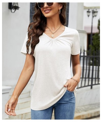 Women's Shirred V-Neck Tops Summer T-Shirt Short Sleeve Casual Shirts White $16.51 T-Shirts