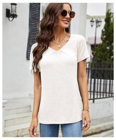 Women's Shirred V-Neck Tops Summer T-Shirt Short Sleeve Casual Shirts White $16.51 T-Shirts