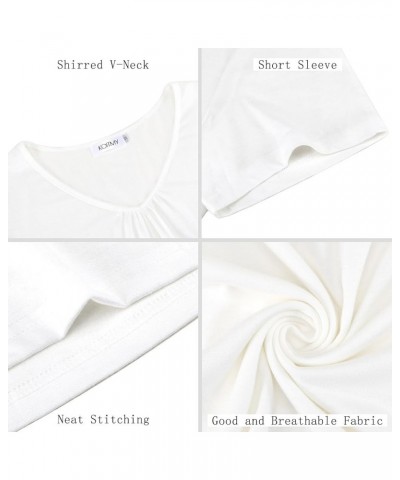 Women's Shirred V-Neck Tops Summer T-Shirt Short Sleeve Casual Shirts White $16.51 T-Shirts