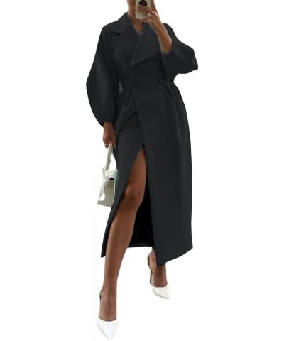 Womens Long Pea Coats Notched Collar Double Breasted Casual Pleated Wool Blend Coats Black $21.31 Coats