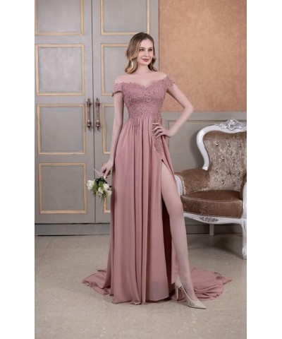 Laces Chiffon Prom Dresses for Women Off Shoulder Long Slit Bridesmiad Formal Evening Party Gown ZS28 Orange $37.68 Dresses