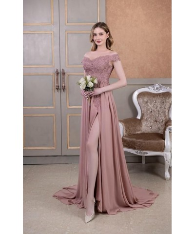 Laces Chiffon Prom Dresses for Women Off Shoulder Long Slit Bridesmiad Formal Evening Party Gown ZS28 Orange $37.68 Dresses