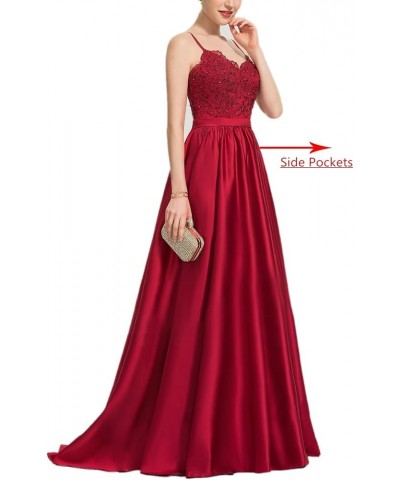 Women's Lace Prom Dresses Long Satin Slit Formal Evening Gowns with Pockets Blush $33.00 Dresses