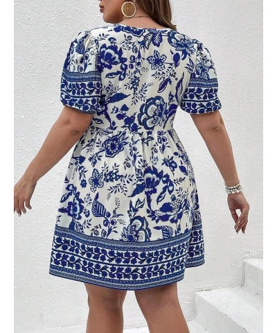 Women's Plus Size Wrap V Neck Short Sleeve Ruffle Hem A Line Short Dress Blue White Flower $22.43 Dresses