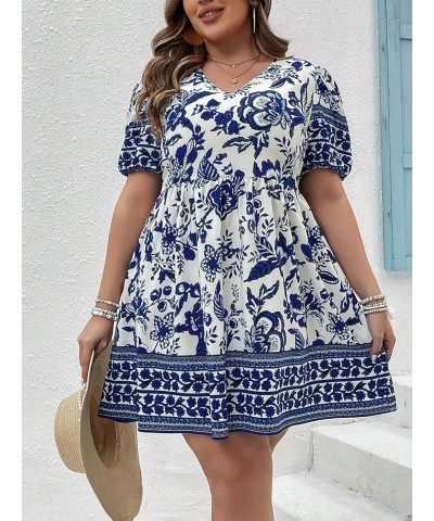 Women's Plus Size Wrap V Neck Short Sleeve Ruffle Hem A Line Short Dress Blue White Flower $22.43 Dresses