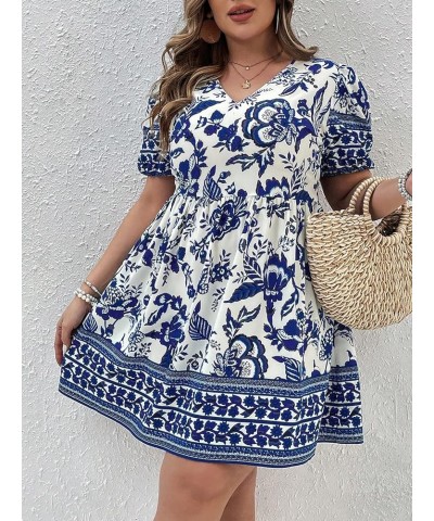 Women's Plus Size Wrap V Neck Short Sleeve Ruffle Hem A Line Short Dress Blue White Flower $22.43 Dresses