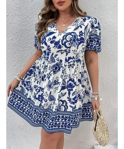 Women's Plus Size Wrap V Neck Short Sleeve Ruffle Hem A Line Short Dress Blue White Flower $22.43 Dresses