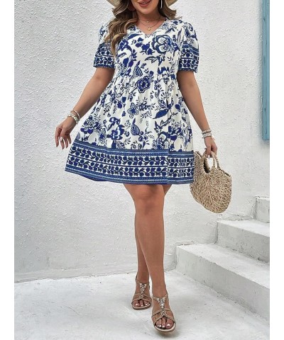 Women's Plus Size Wrap V Neck Short Sleeve Ruffle Hem A Line Short Dress Blue White Flower $22.43 Dresses