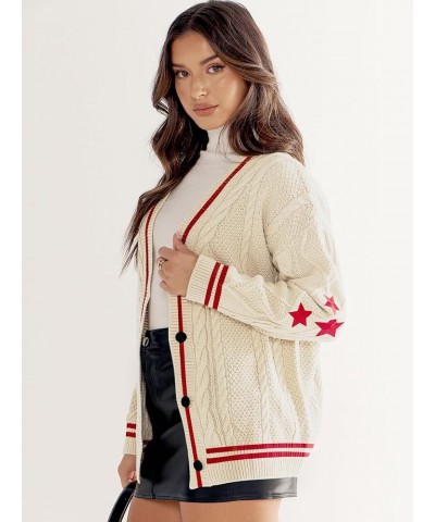 Women's Long Sleeve Open Front Cardigan Sweaters Embroidery Star Button Down Cable Knit Chunky Outfits Coats Apricot-red $20....