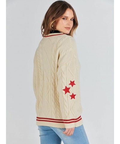 Women's Long Sleeve Open Front Cardigan Sweaters Embroidery Star Button Down Cable Knit Chunky Outfits Coats Apricot-red $20....