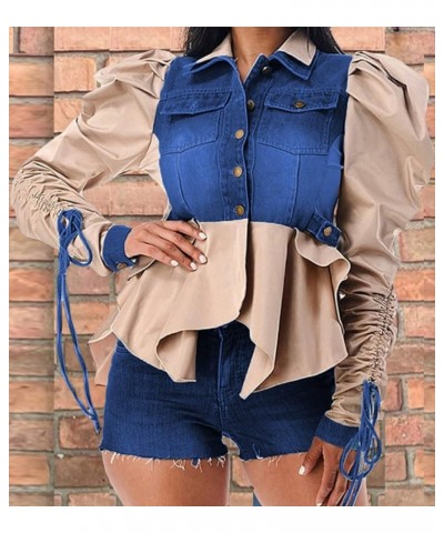 Women Casual Ruched Sleeve Babydoll Top Denim Color Block Irregular Ruffles Button Down Shirt Apricot $18.89 Blouses