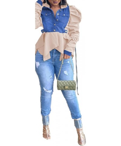 Women Casual Ruched Sleeve Babydoll Top Denim Color Block Irregular Ruffles Button Down Shirt Apricot $18.89 Blouses