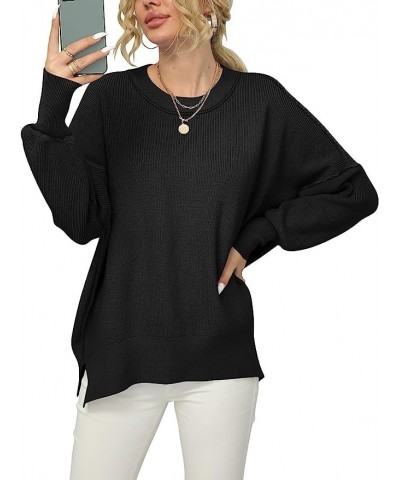 Women Crewneck Batwing Sleeve Oversized Side Slit Ribbed Knit Pullover Sweater Top Black $14.45 Sweaters