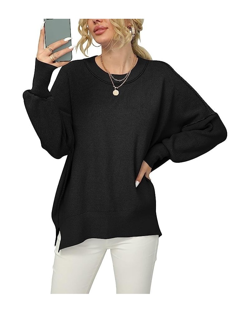 Women Crewneck Batwing Sleeve Oversized Side Slit Ribbed Knit Pullover Sweater Top Black $14.45 Sweaters