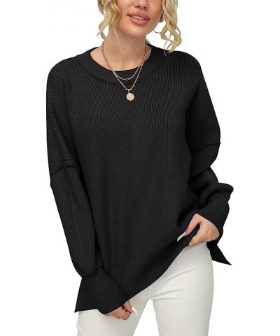 Women Crewneck Batwing Sleeve Oversized Side Slit Ribbed Knit Pullover Sweater Top Black $14.45 Sweaters