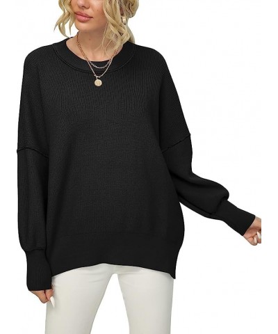 Women Crewneck Batwing Sleeve Oversized Side Slit Ribbed Knit Pullover Sweater Top Black $14.45 Sweaters