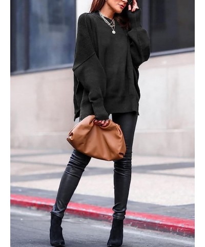 Women Crewneck Batwing Sleeve Oversized Side Slit Ribbed Knit Pullover Sweater Top Black $14.45 Sweaters