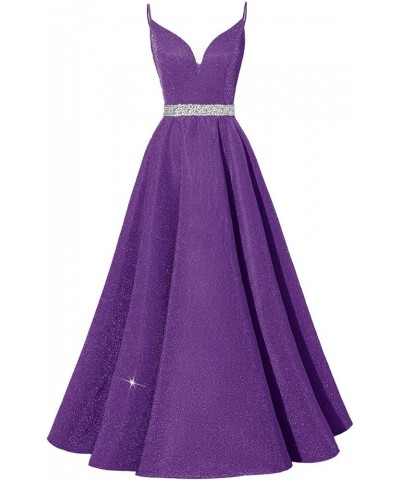 Glitter Prom Dress Long V-Neck Spaghetti Beaded Belt Formal Evening Ball Gowns 2023 Purple $45.12 Dresses