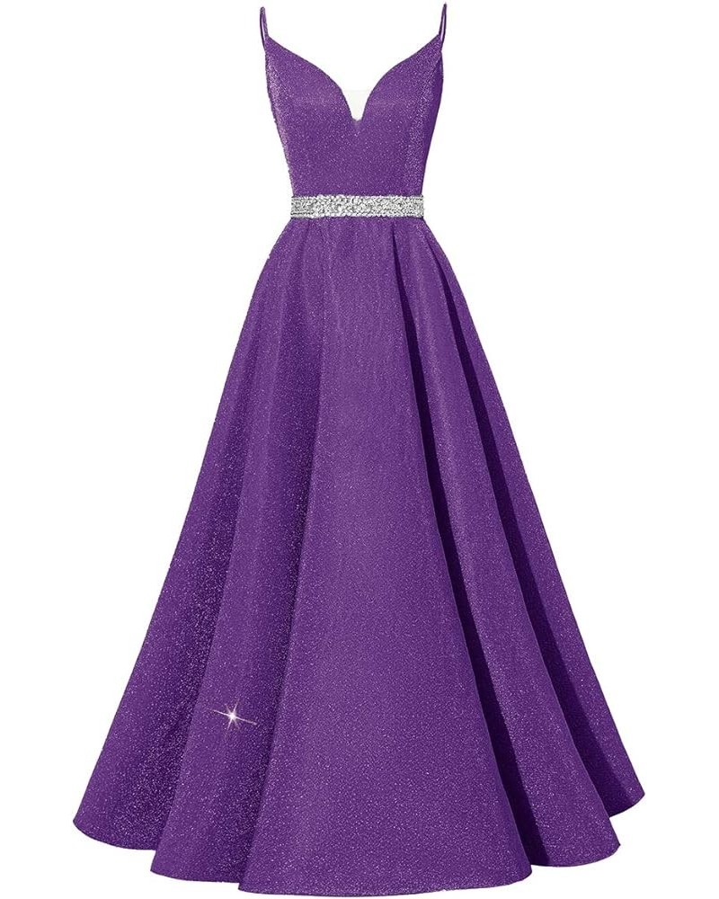 Glitter Prom Dress Long V-Neck Spaghetti Beaded Belt Formal Evening Ball Gowns 2023 Purple $45.12 Dresses